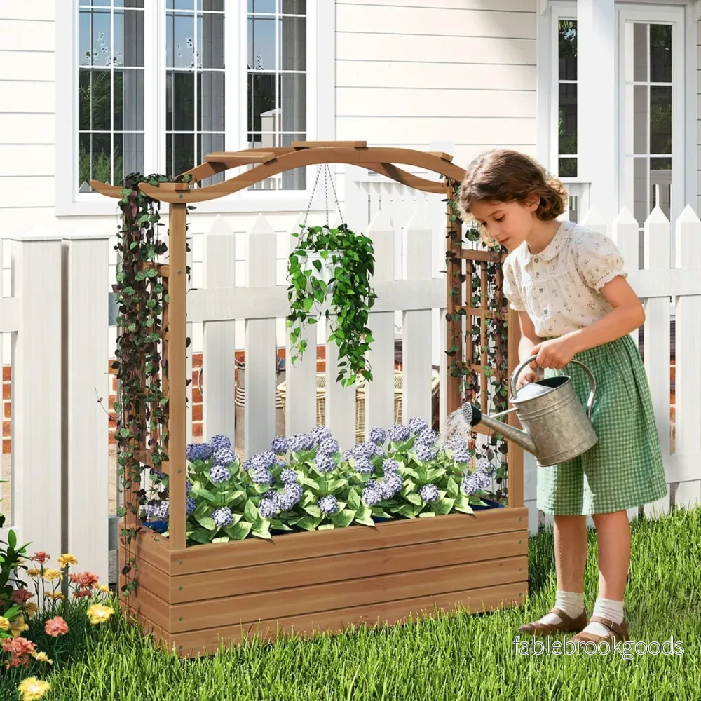 Högbädd – med Klätterställning och Hängande Tak Blomlåda Odlingslåda för Klätterväxter – Brun - Bild 3