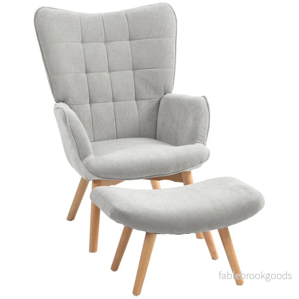 Grå Corduroy Wing Chair med Ottoman – Avslappningsfåtölj