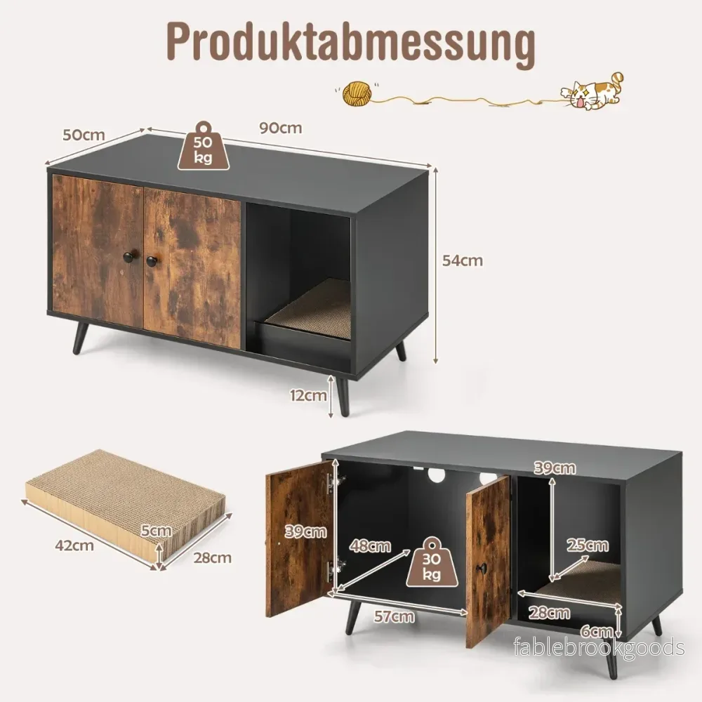 Gömställe – för kattlådan modernt katthus med skåp dubbeldörr – 90 x 50 x 54 cm – Rustik brun - Bild 2
