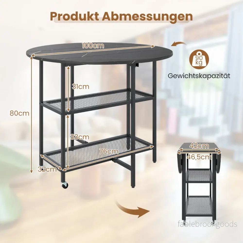 Fällbart – matbord med marmorlook Mobilt fällbord för personer Kökstabel – 4 – Svart - Bild 2
