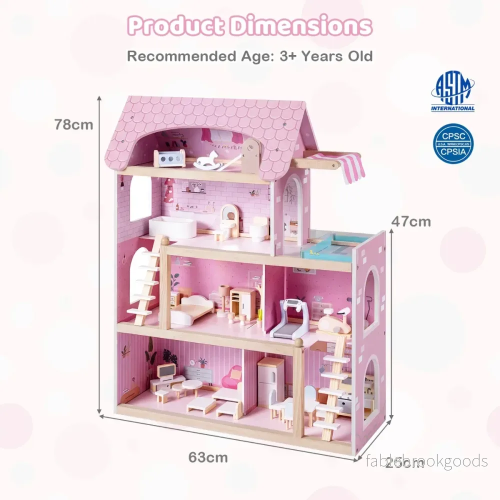 Barns – trädockhus med möbler DIY lekhus balkong och pool – 33 – Rosa - Bild 2