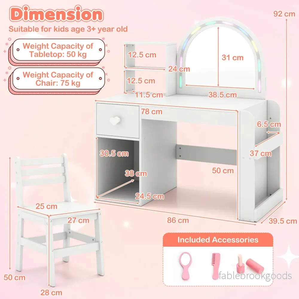Barnsminkbord – med belysning prinsessbord belyst spegel frisörsbord Rent - Bild 2