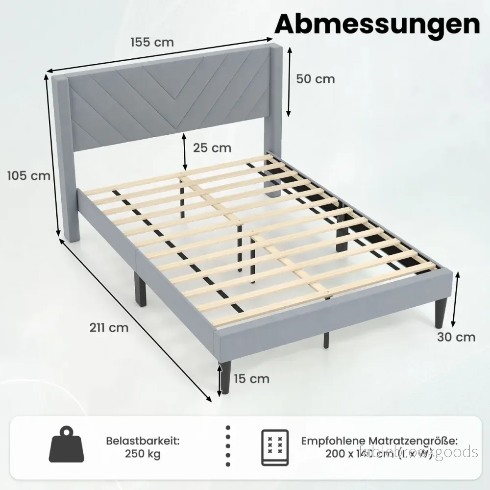 Sängram – för madrass Polstrad plattformssäng med huvudgavel – 200 x 140 cm – Grå - Bild 2