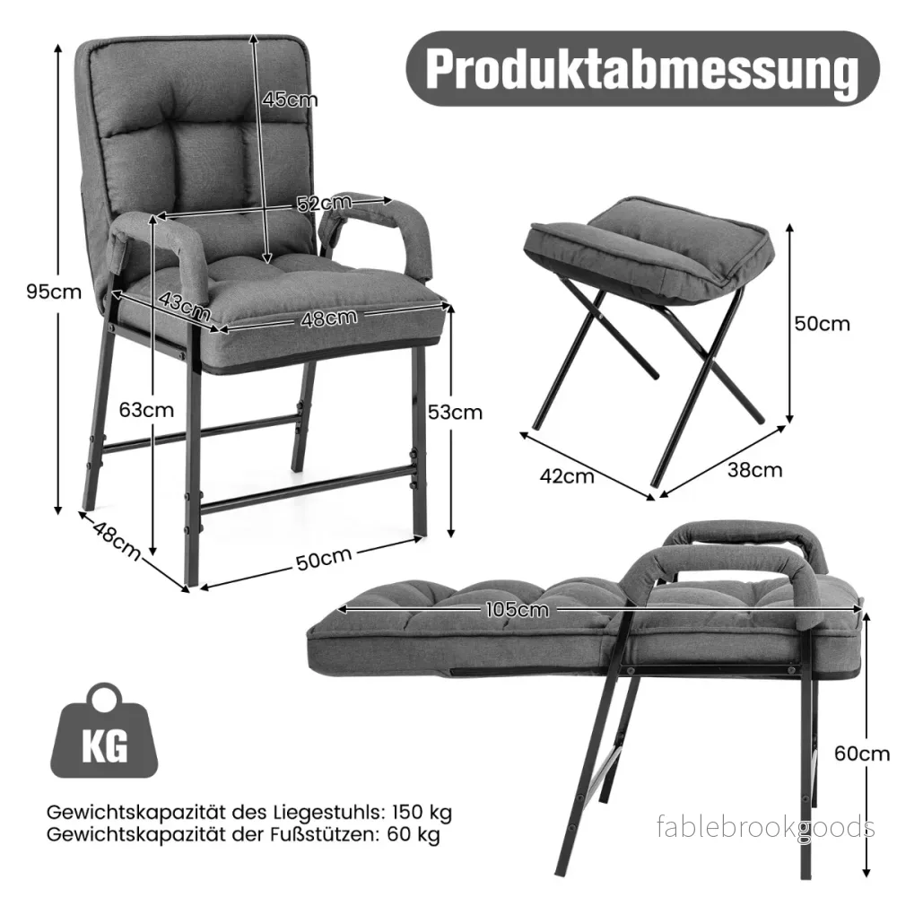 Accent – Stol + Ottoman Tillverkad av linnetyg med justerbart ryggstöd och metallram – Grå - Bild 2