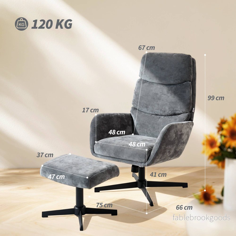 Loungefåtölj med fotpall, hög rygg, metallbas, grå - Bild 3