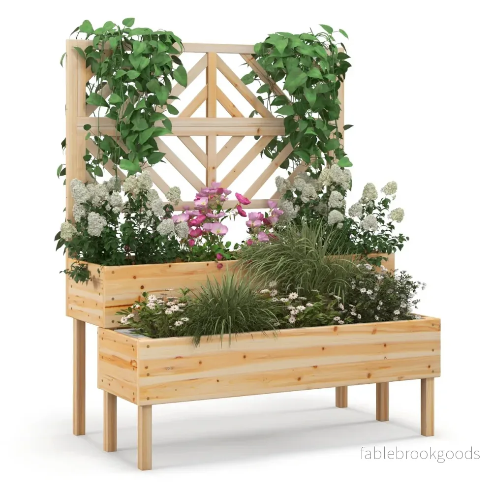 lagers – trädgårdssäng med spaljé trä upphöjd växtlåda ben – 2 109 x 62 x 135 cm – Natur