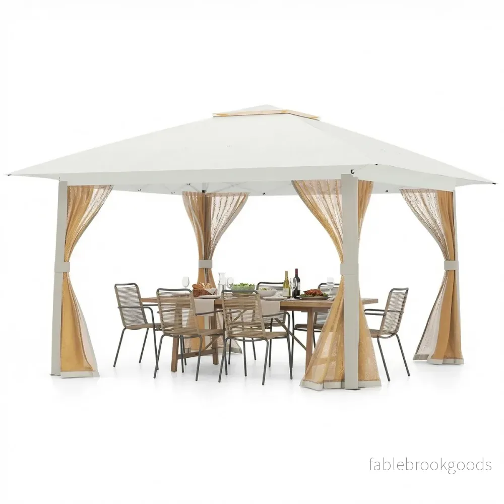 Pop – up hopfällbar paviljong med myggnät och dubbelt tak, inklusive bärväska – 4 4 x 4 m – Beige