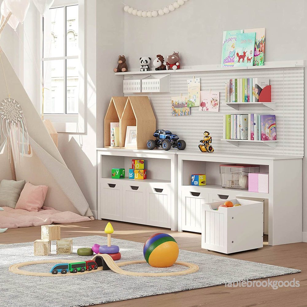 Leksaksskåp – Organizer med hjul – 3 fack – Vit - Bild 2