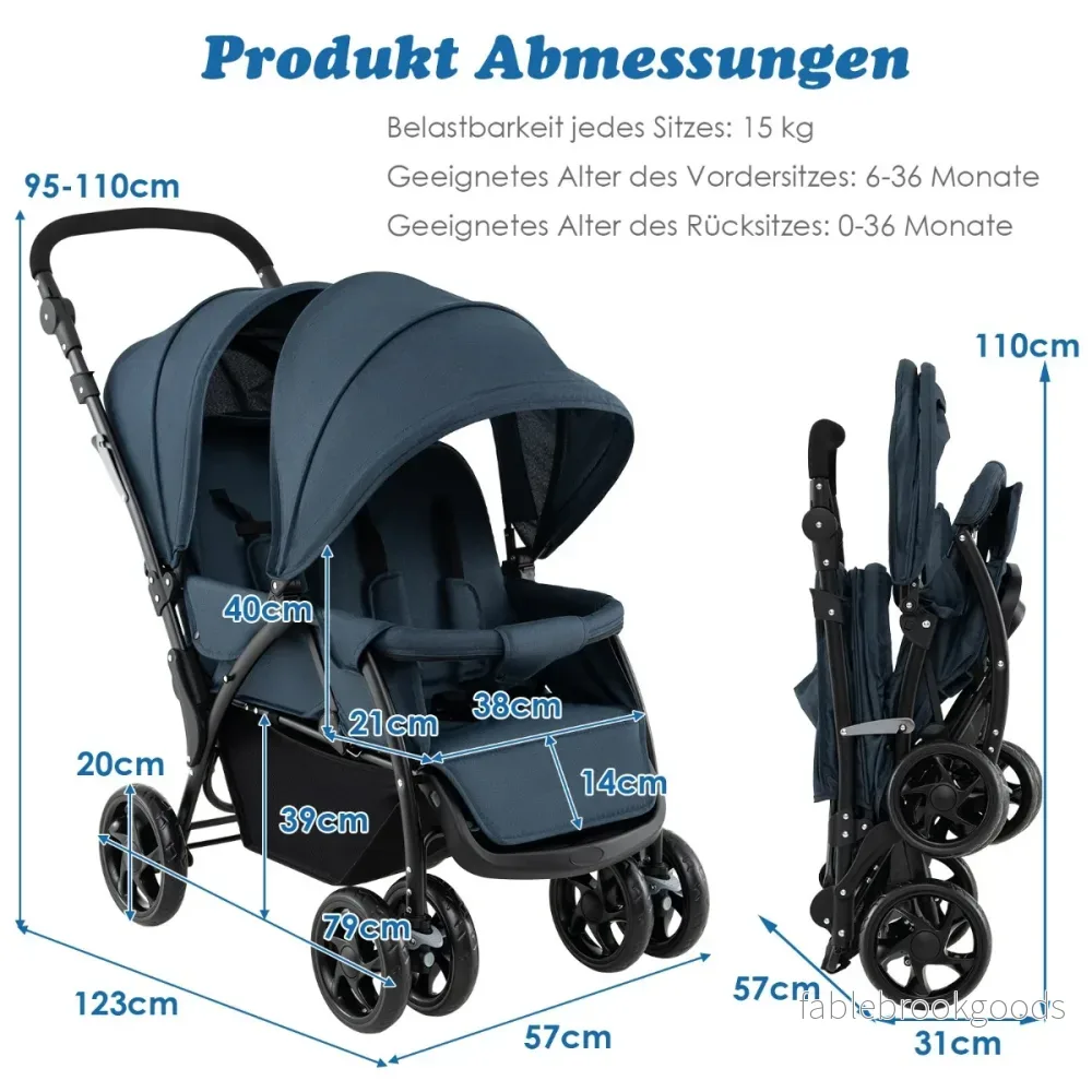 Hopfällbar – syskonvagn tvillingvagn med justerbart ryggstöd och sufflett belastningskapacitet – 30 kg – Blå - Bild 2