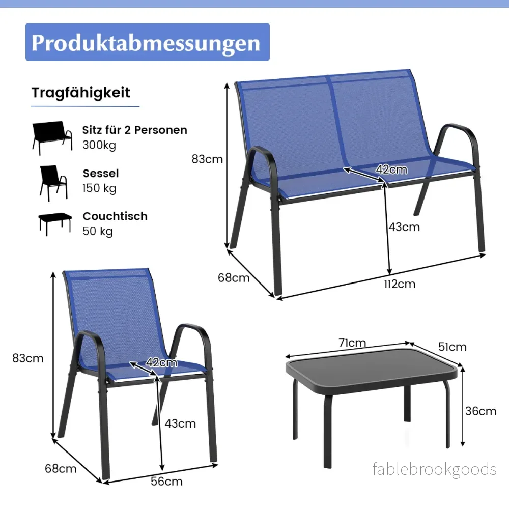 delat – patio metallstolset modernt och bordset med tygöverdrag bordsskiva av härdat glas – 4 – Blå - Bild 2