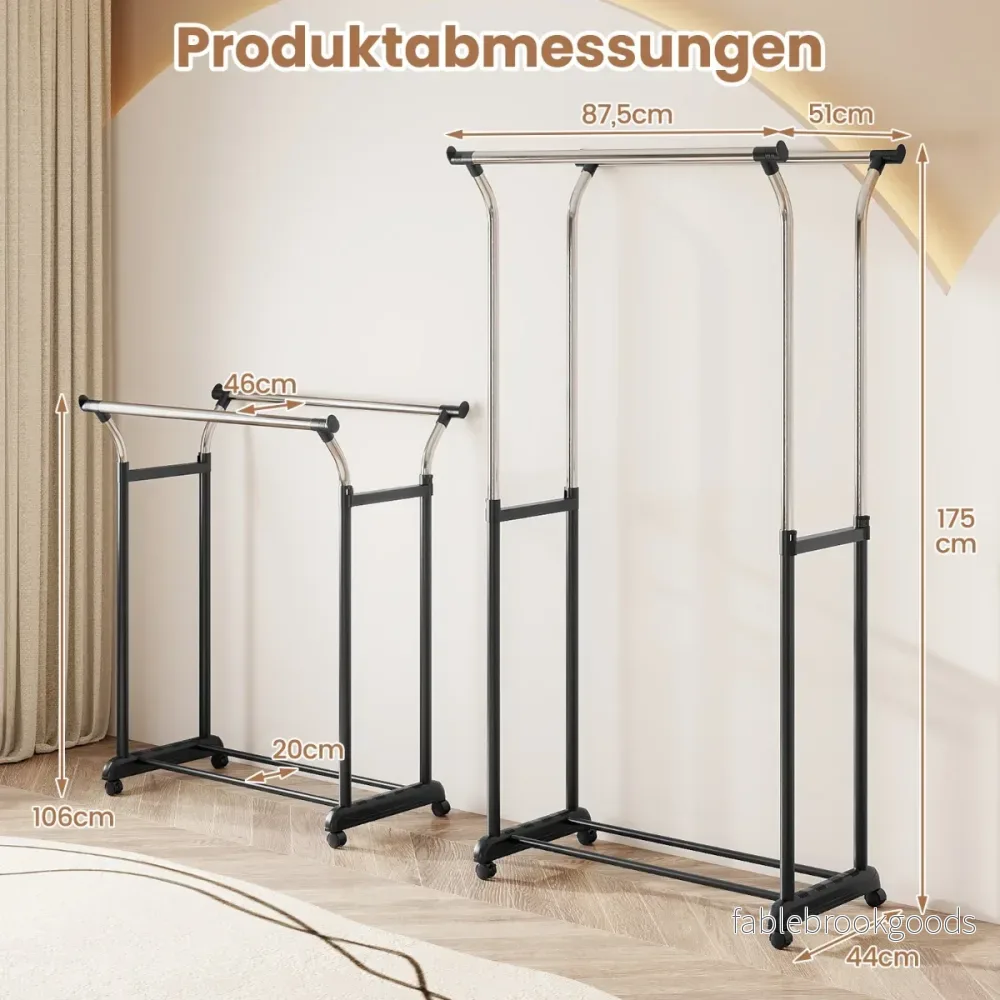 Rullande – Klädesstativ Dubbelstångs Garderobsstativ med Justerbar Höjd Robust Metallstativ – Svart - Bild 2
