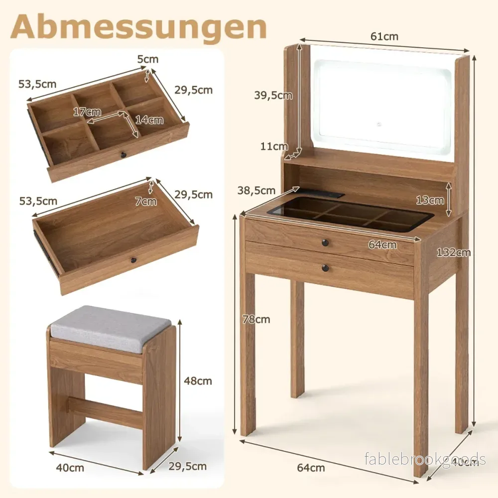 Sminkbord – med Kuddad Pall och Eluttag Färg LED Spegel Skönhetsbord – 3 – Brun - Bild 2