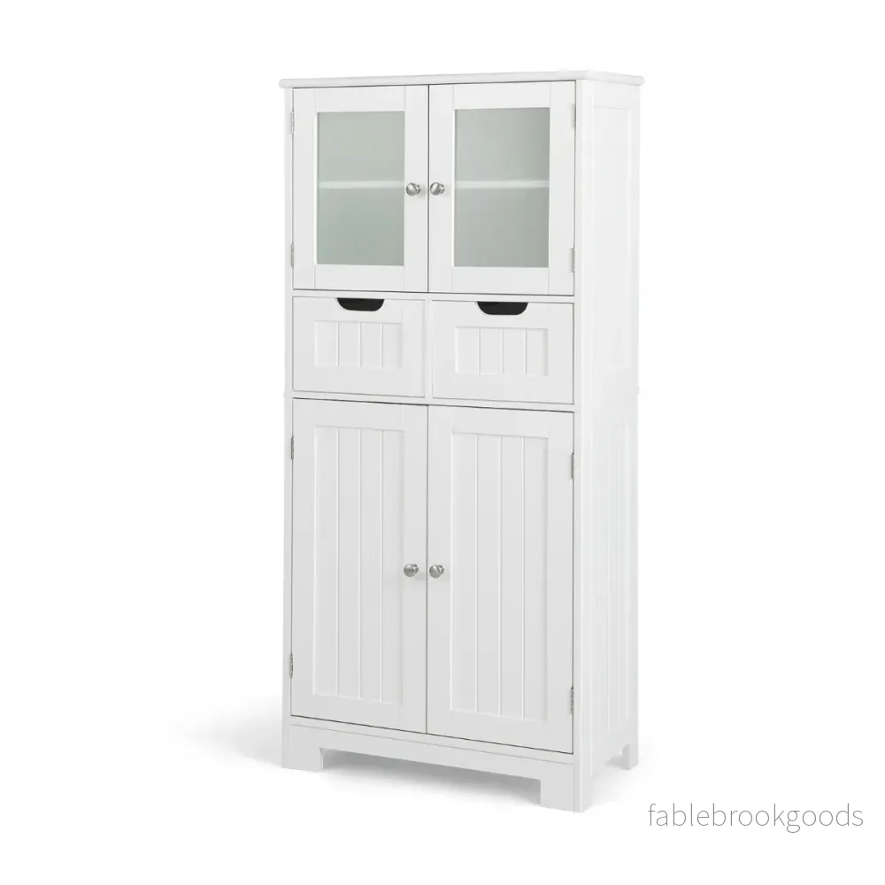 Förvaringsskåp – Fristående badrumsskåp med glasdörrar – 2 60 x 30 x 128 cm – Vit