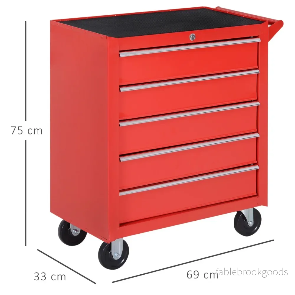 Verkstadsvagn med hjul, 5 lådor, Låsbar, Röd Stål - Bild 3
