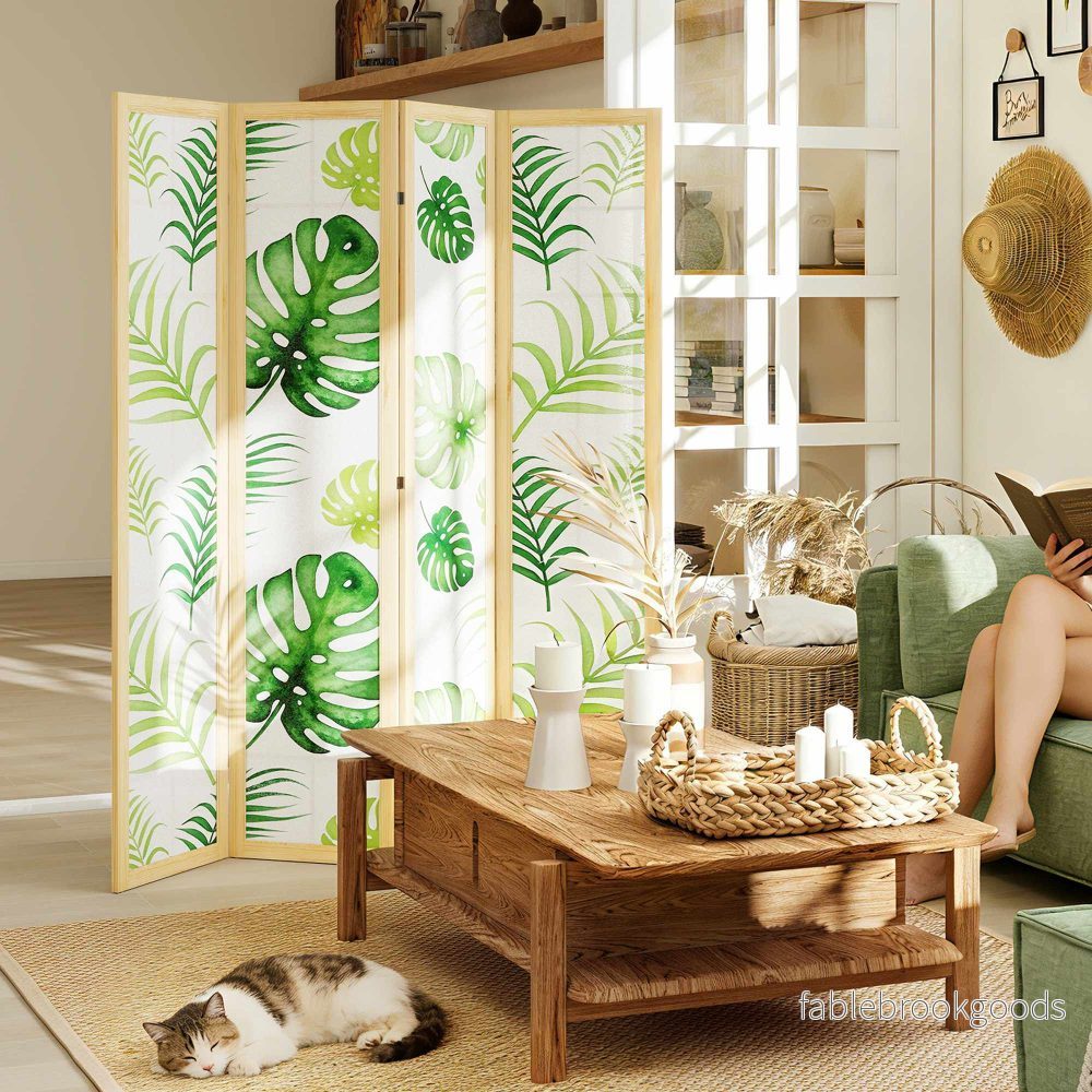 Vikbar rumsavdelare med 4 paneler, bohemisk palmdesign, grön - Bild 2