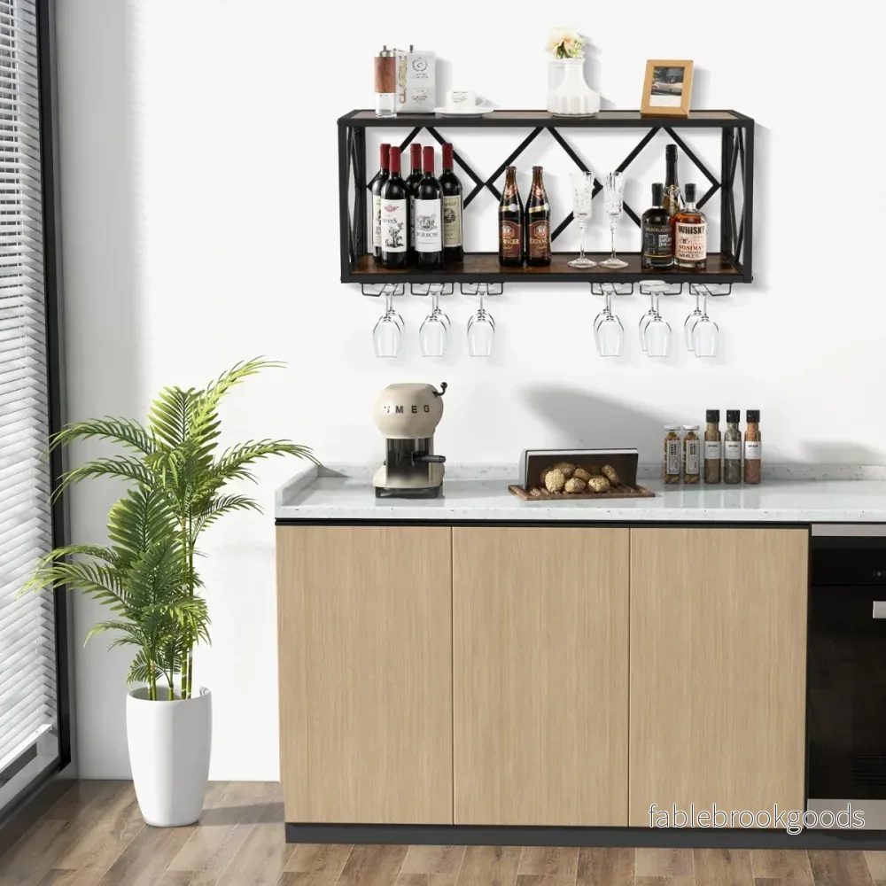 vånings – vinställsvägg med metallram och rader vinglashållare i trä flaskställ – 2 6 – Svart - Bild 3