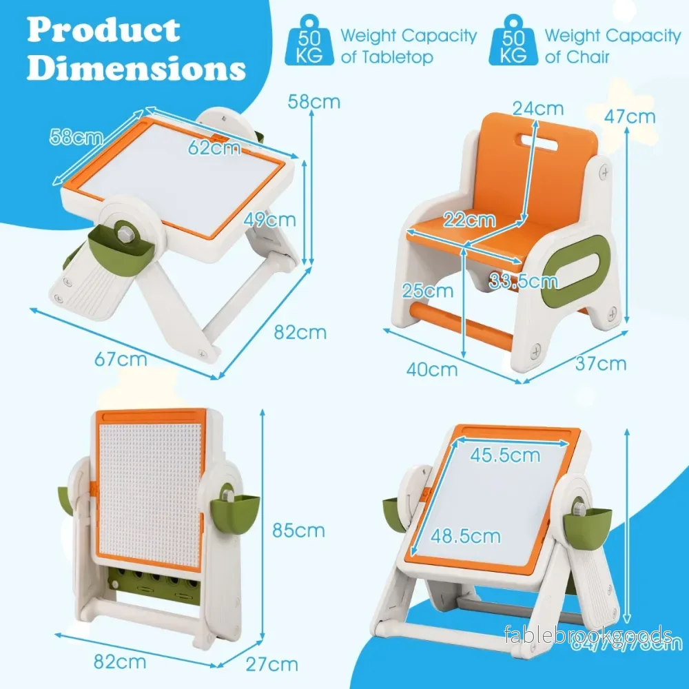i – Byggklossbord och Staffli Set med Vändbar Bordskiva Konststaffeli Spelbord – 6 1 – Orange - Bild 2