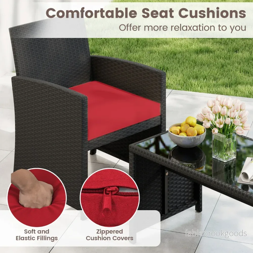 Rattan – trädgårdsmöbel set med stolar och bänk bord kuddar utomhuslounge – 2 – Röd - Bild 3