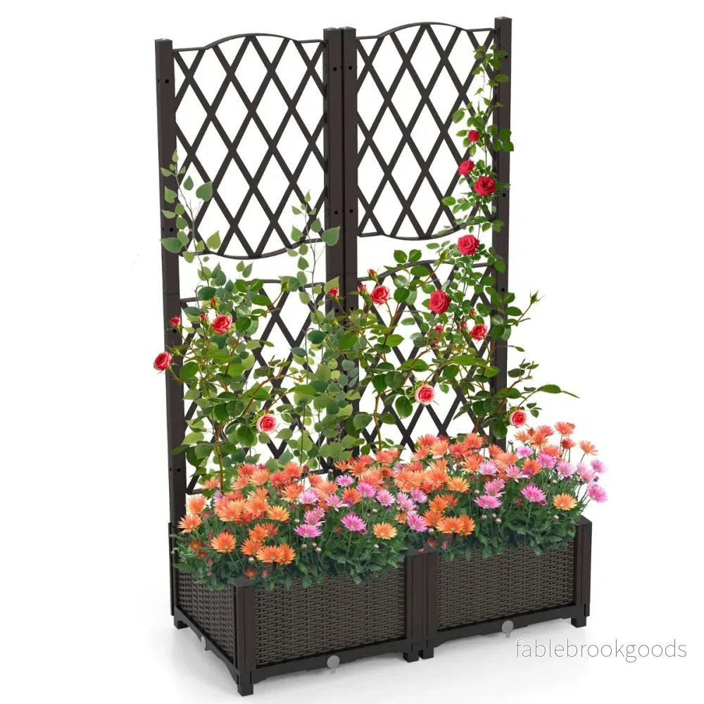 Blomlåda – med spaljé, planteringslåda för klätterväxter, högbädd – 80 x 40 x 122 cm – Brun