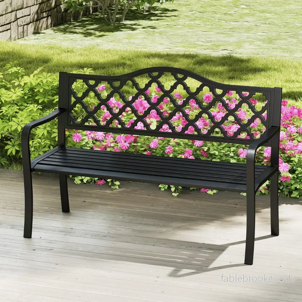 Trädgårdsbänk – Metall väderbeständig sittbänk för personer parkbänk med ryggstöd och armstöd – 2 128 x 54 x 89 cm – Svart - Bild 3