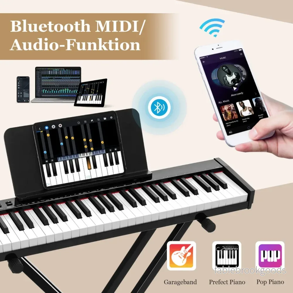 Bärbar – elektronisk klaviatur med tangenter och stativ pall Elektriskt Piano Digital Keyboard – 61 – Svart