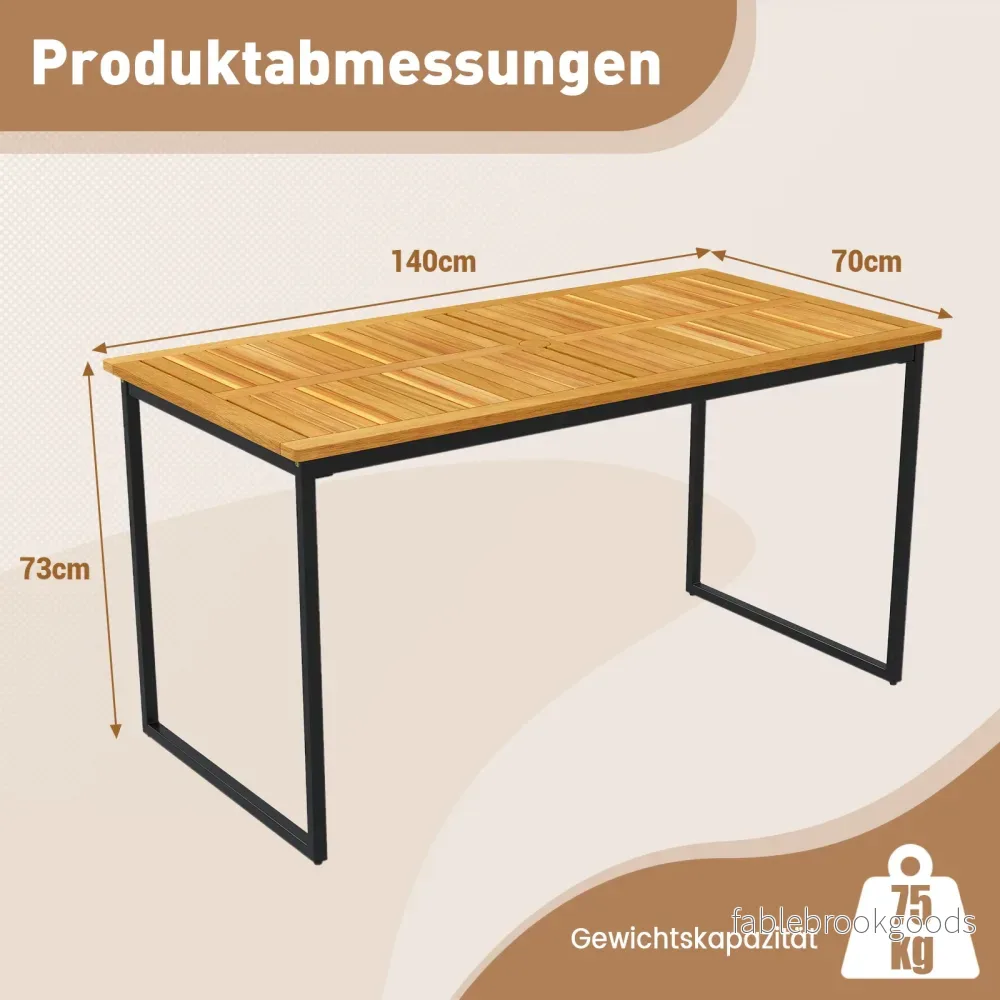 Akacieträds – matbord för personer rektangulärt terrassbord med ribbotten metallram och parasollhål – 6 140 x 70 x 70 cm – Natur - Bild 2