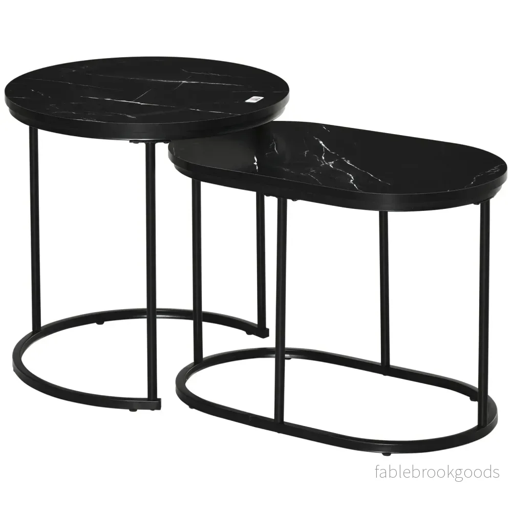 Set med 2 stapelbara runda soffbord, fuskmarmor, svart