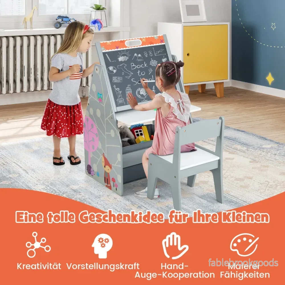 Dubbelsidigt – set med bord och stolar för barn magnettavla whiteboard bokhylla – Grå - Bild 3