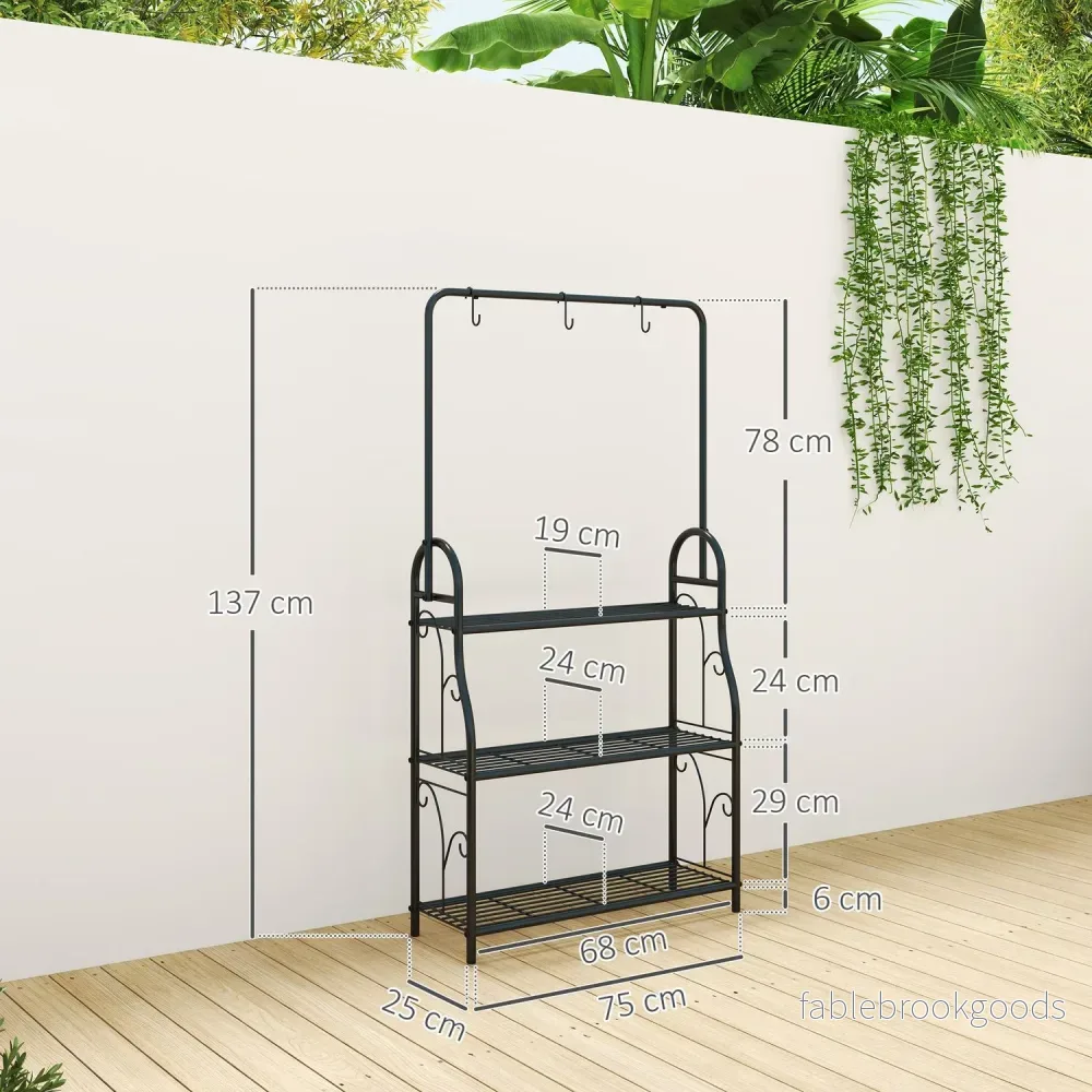 3-vånings växtställ i svart metall med hängkrokar, 137 cm hög - Bild 3