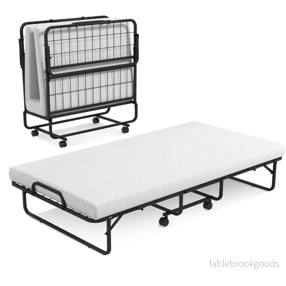 Hopfällbar – säng med Memory Foam madrass och robust metallram, bärbar – Svart och vit