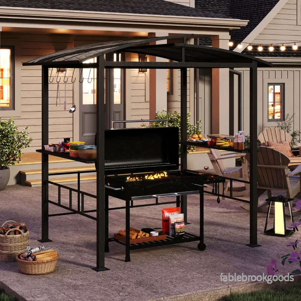 Grillpaviljong – Utomhus Grillöverbyggnad med Sidobord för Trädgårdspaviljong metall – 248 x 150 x 232 cm – Svart - Bild 3