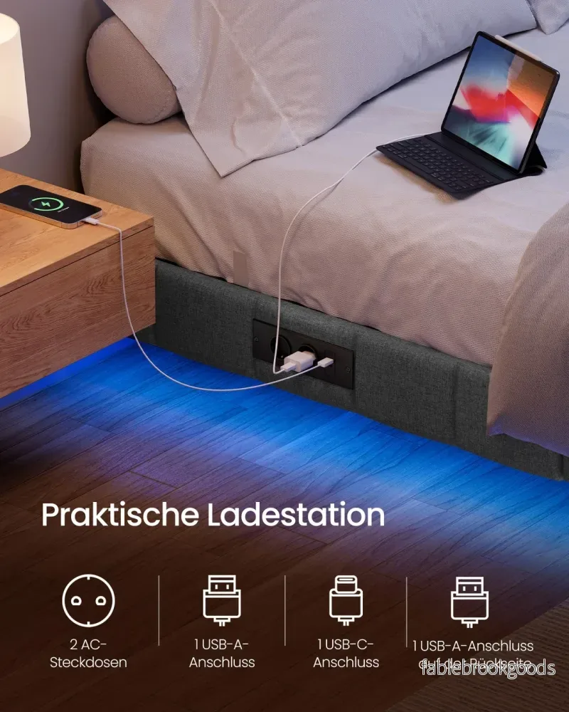 Bedframe - 200 x 90 x 26 cm - zwevend effect - leigrijs - draagvermogen tot 250 kg - met ledverlichting, 2 stopcontacten, 2 USB-A-poorten, 1 USB-C-poort - Bild 3