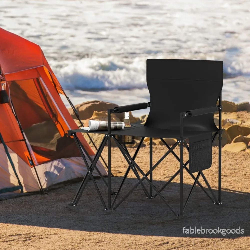 Fällbar – campingstol pack Klappstol med sidobord, mugghållare och sidoficka – 2 – Svart - Bild 3