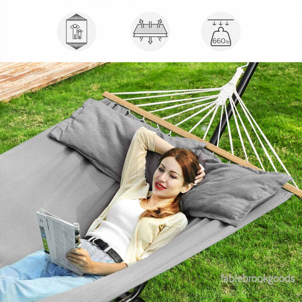 Hangmat - 210 x 150 cm - Met Houten Spreidstok - Met Kussens - Grijs - Bild 3