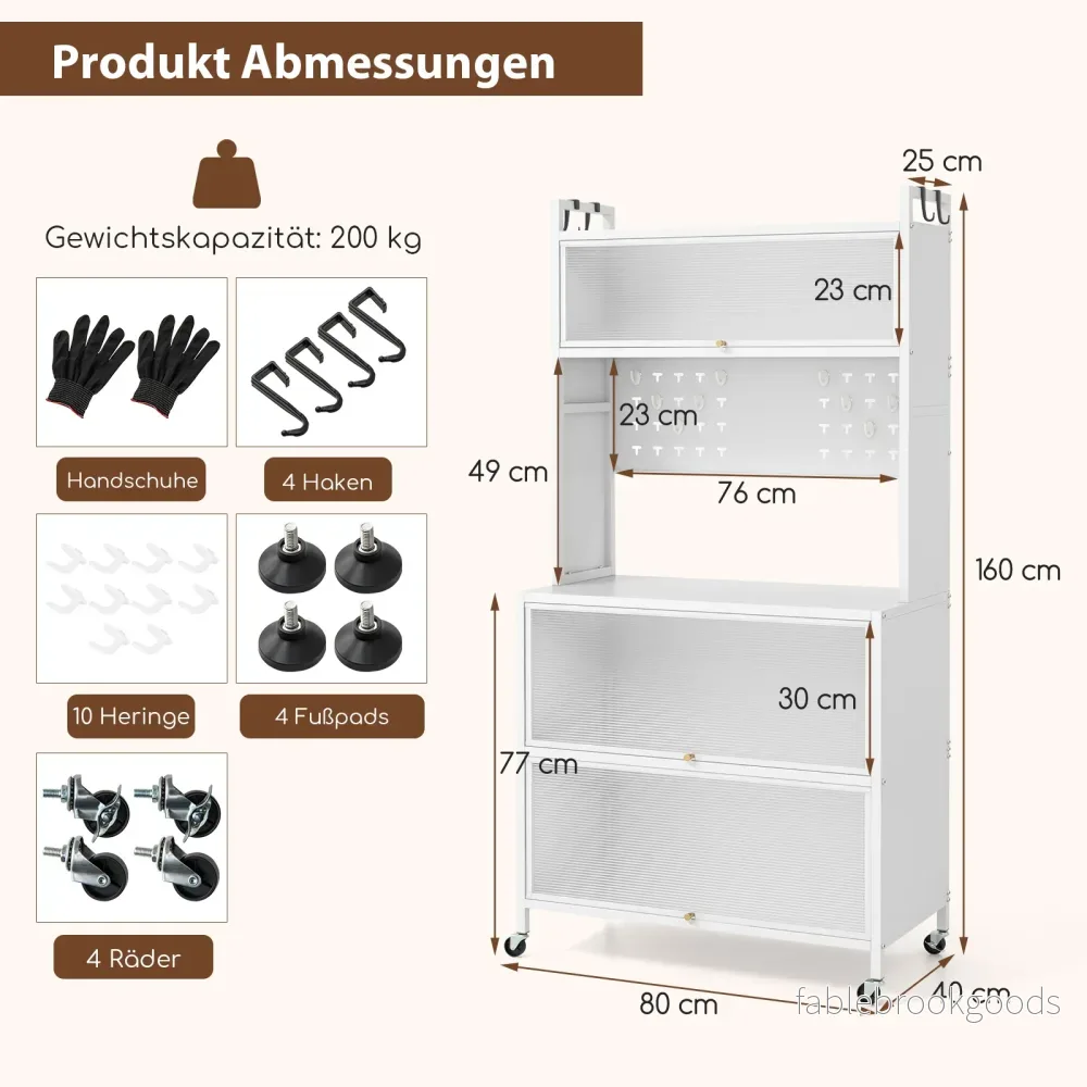 Kökskåp – högt kökshylla med hjul bufféskåp fällbara dörrar anslagstavla – 80 x 40 x 160 cm – Vit - Bild 2