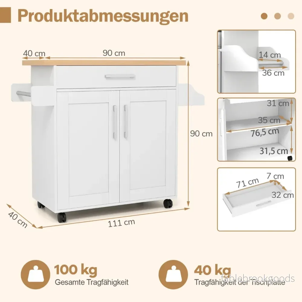 Köksvagn – med arbetsbänk, rullbar köksö låda och justerbar hylla Serveringsvagn Natur + – Vit - Bild 2