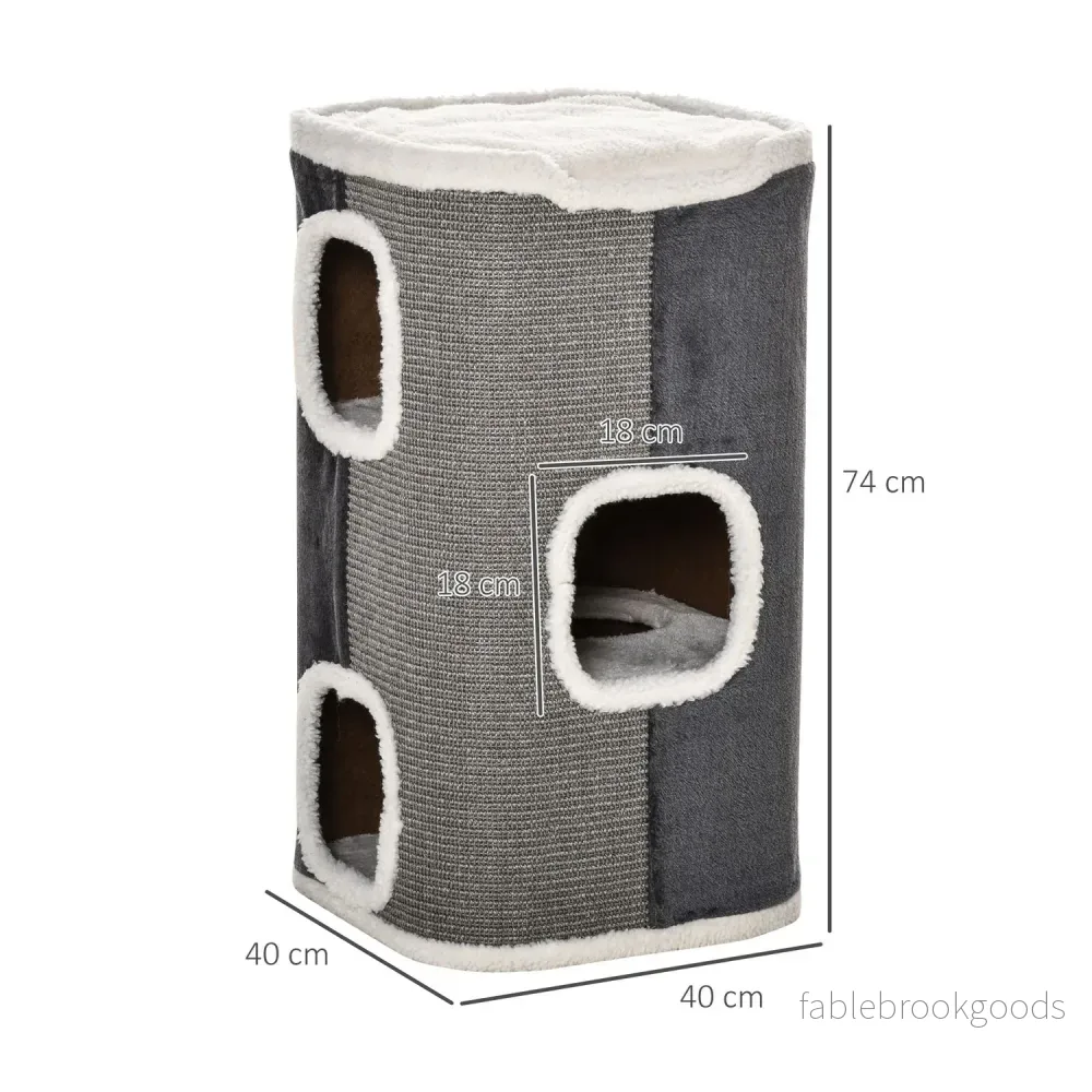Kattträd med 3 nivåer, sisal & sammetslen tyg, grå/vit - Bild 3
