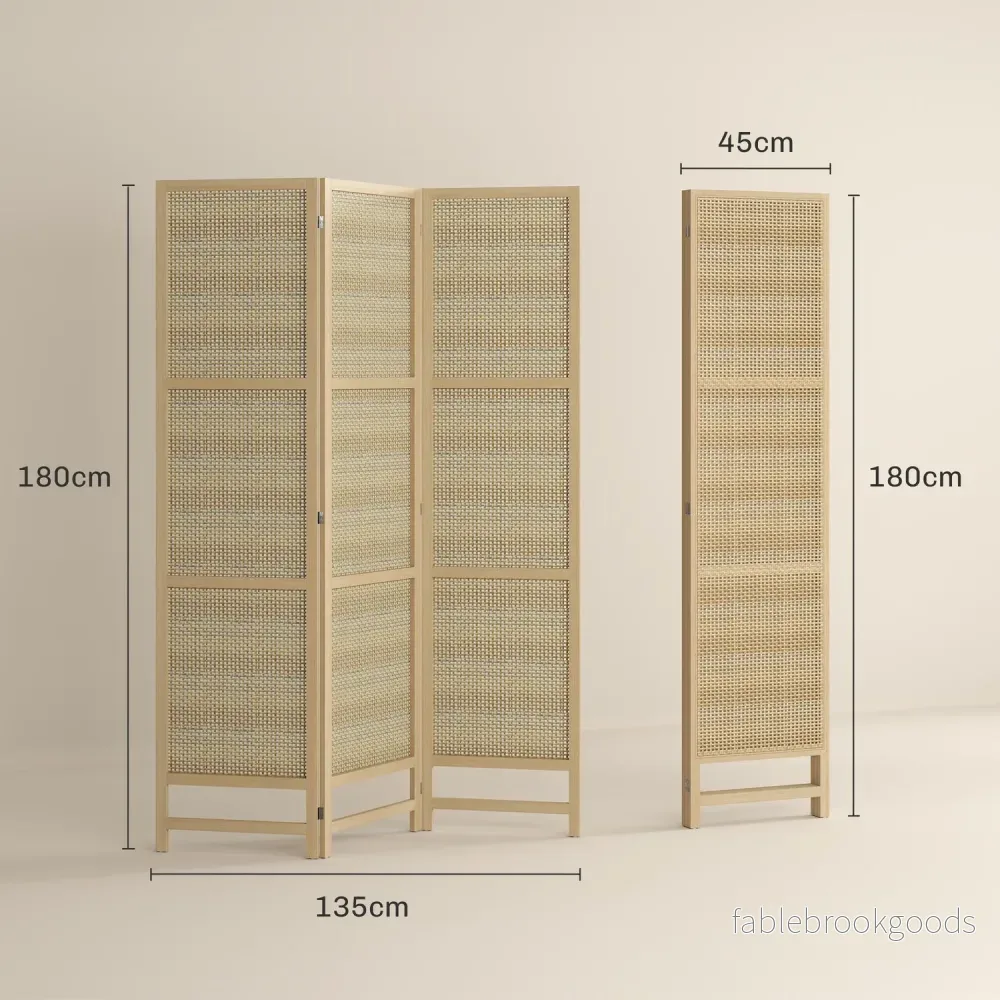 Vikbar 3-panels rumsavdelare i rotting – 135x180 cm Sekretessskärm - Bild 3