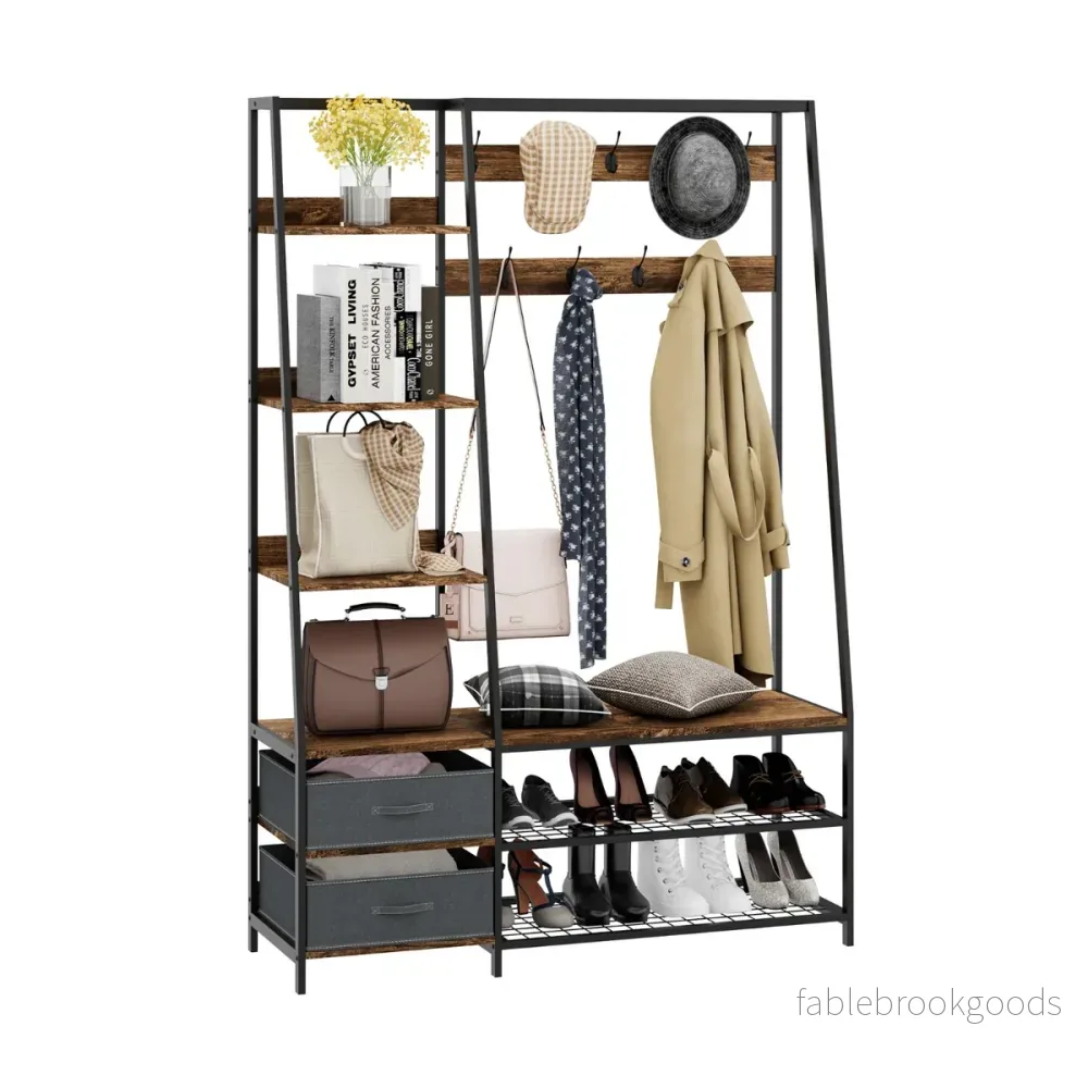 Industriell – garderob med skobänk för entrén Rustikbrun – 122 x 40 x 180 cm – Brun