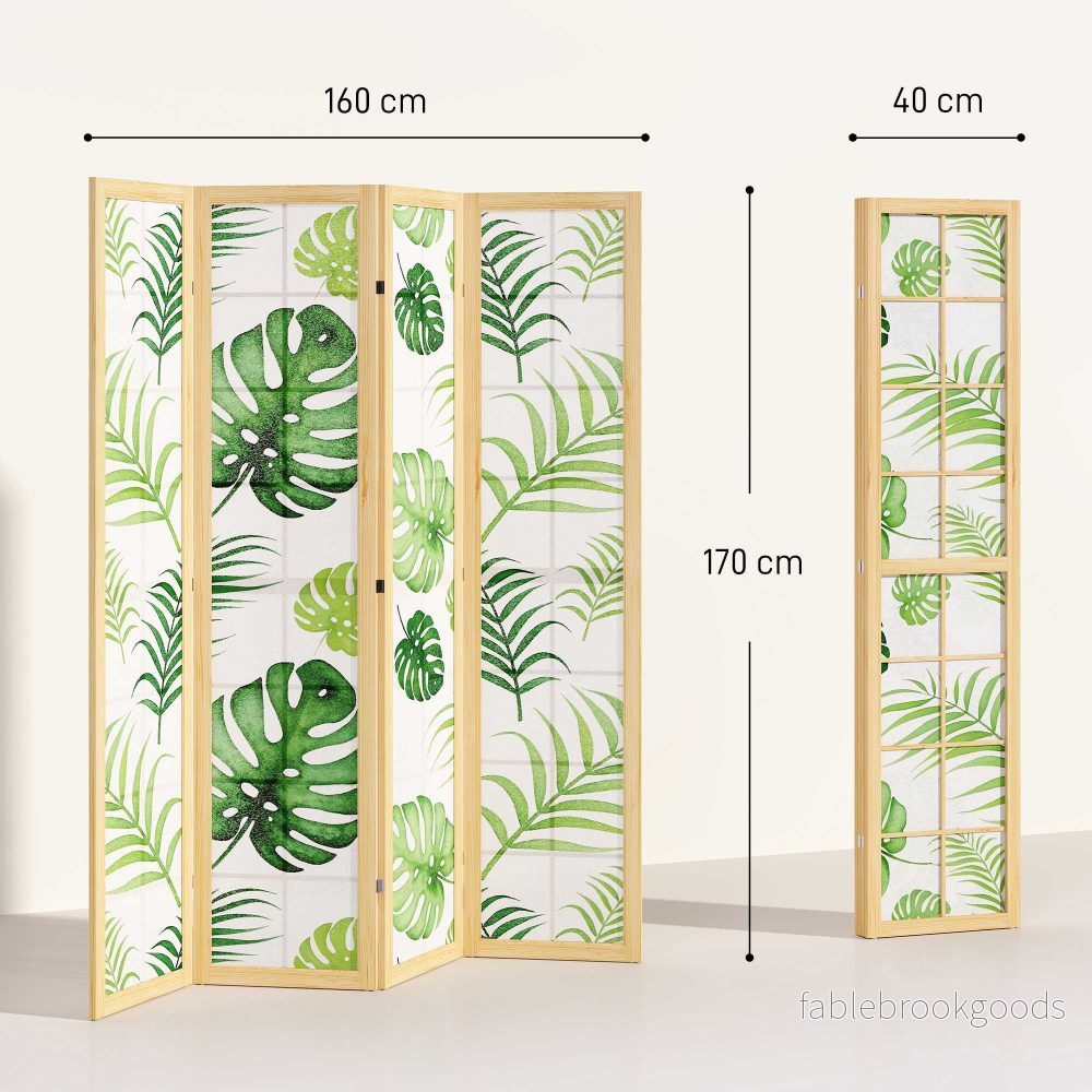 Vikbar rumsavdelare med 4 paneler, bohemisk palmdesign, grön - Bild 3