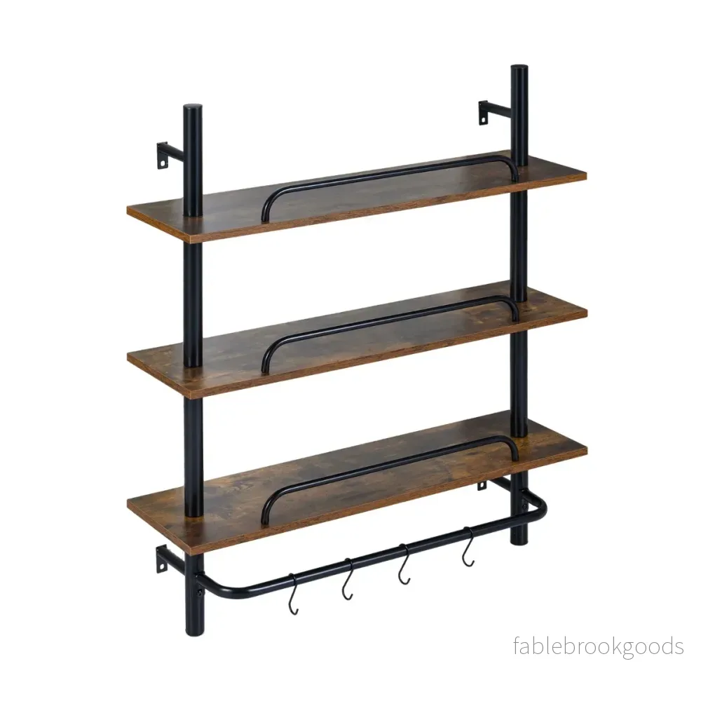 nivåers – flytande rörhylla Vägghylla med S formade krokar utan belysning – 3 4 80,5 x 24 x 97 cm – Rustik brun