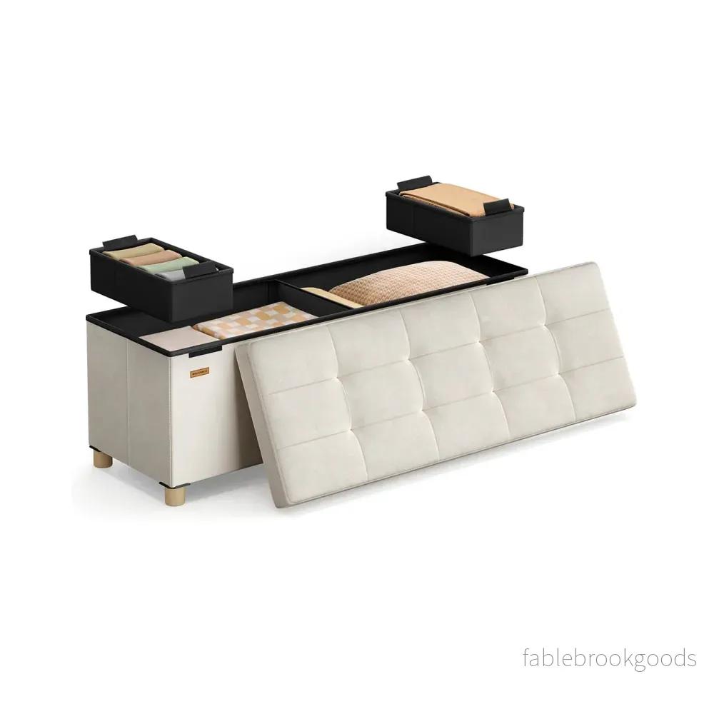 Förvaringsbänk med lock – Rymligt förvaringsutrymme – Sammet – Beige Förvaringsbänk med lock – Rymligt förvaringsutrymme – Sammet – Beige