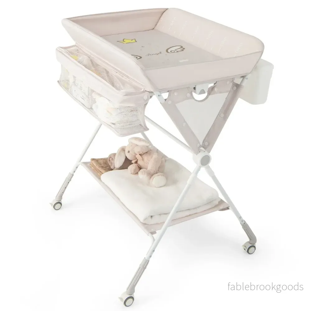 i – hopfällbart skötbord med hjul och papperskorg Mobilt – 3 1 – Beige