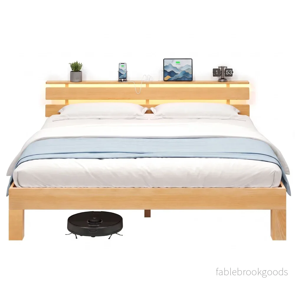 Bedframe – Van Massief Beukenhout – Hoofdbord met LED en USB – Naturel – 221,2 x 184,5 x 78 cm Bedframe – Van Massief Beukenhout – Hoofdbord met LED en USB – Naturel – 221,2 x 184,5 x 78 cm