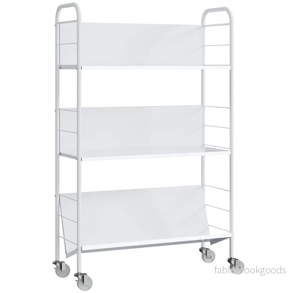 Rullande metallbokhylla med 3 våningar, 69x26x108 cm, vit