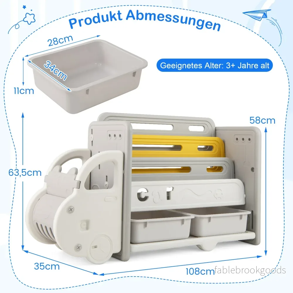 Barnbokhylla – i automotive stil med hyllor och förvaringslådor, leksaksskåp, leksaksorganisatör – 4 2 108 x 35 x 63,5 cm – Grå - Bild 2