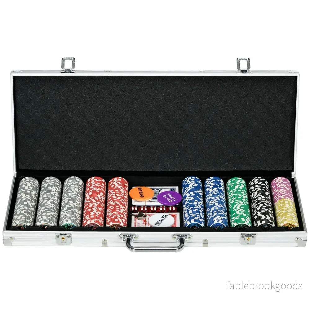 Professionellt pokerset – 500 marker, låsfodral, 2 kortlekar, 5 tärningar