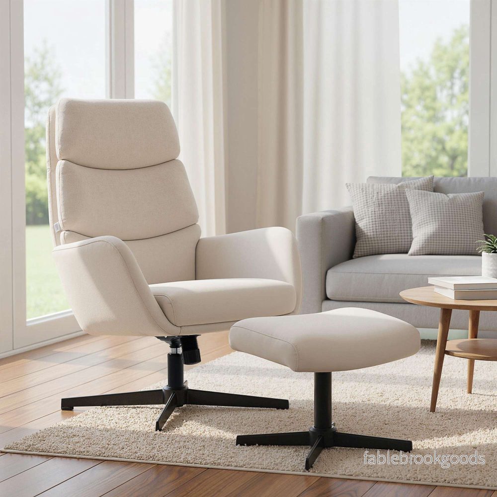 Loungefåtölj med fotpall, hög rygg, metallbas, beige - Bild 2