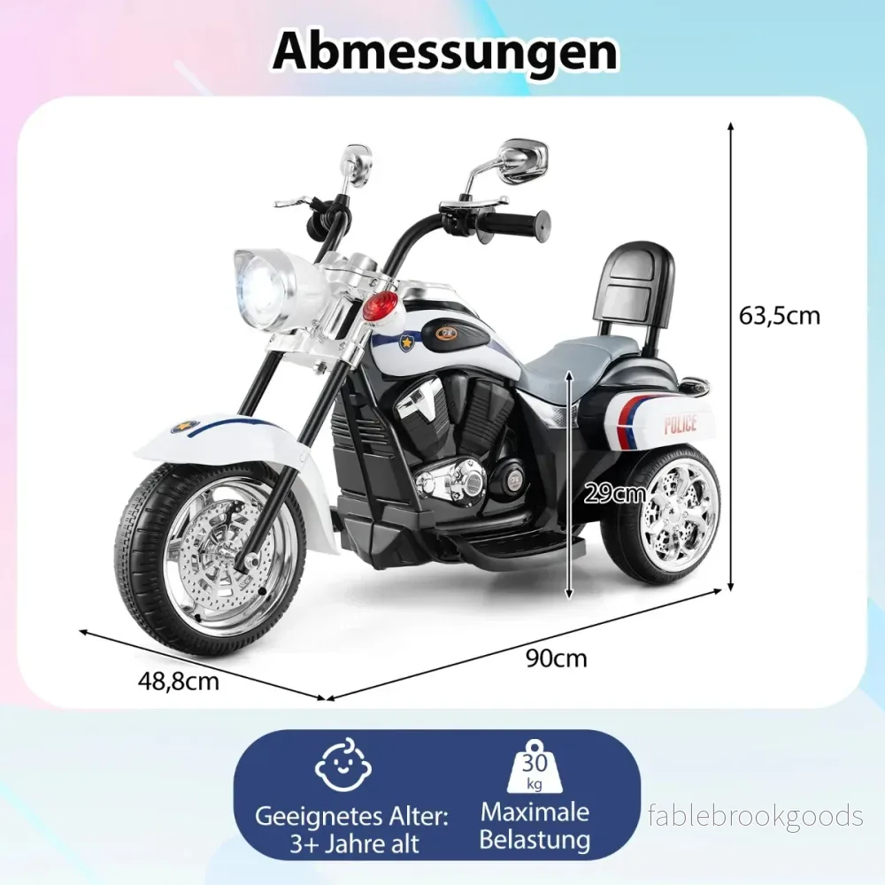 6V – barnmotorcykel med justerbar strålkastare och ljud Trehjulig elmotorcykel polis – Vit - Bild 2