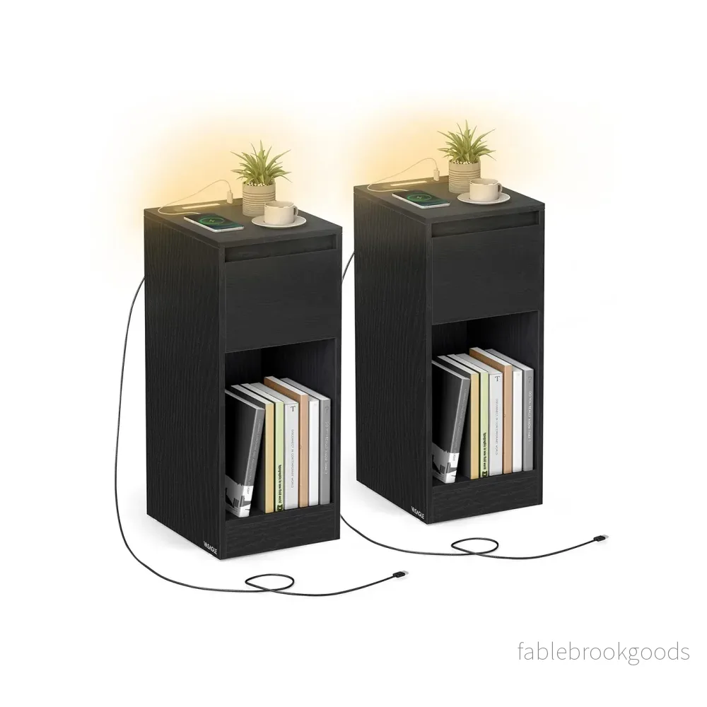Sängbord med LED-belysning och USB-portar – Svart Sängbord med LED-belysning och USB-portar – Svart